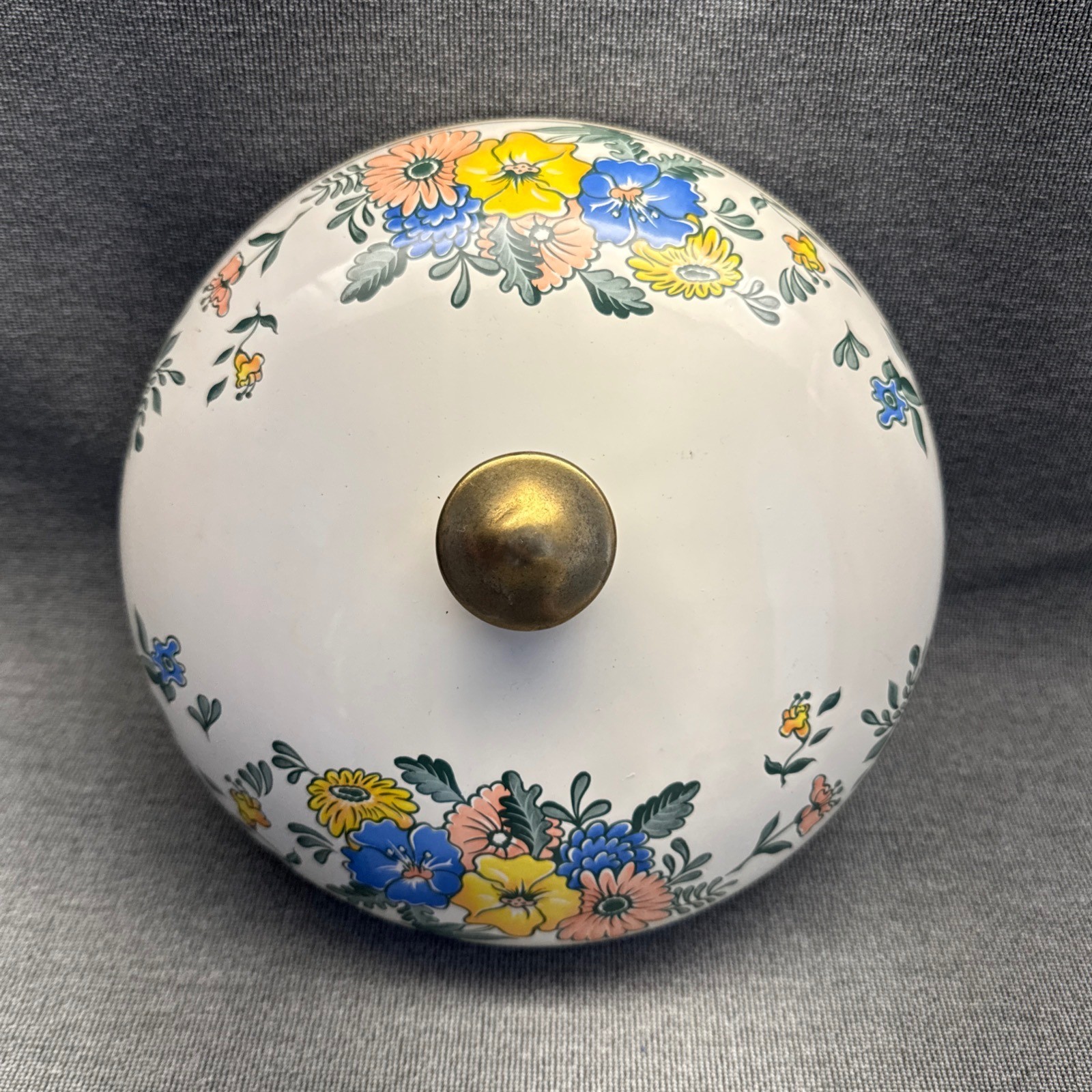 80s Dutch Oven Kamenstein Enamelware Cookware 3 Qts Pot Lid Brass Handles Floral