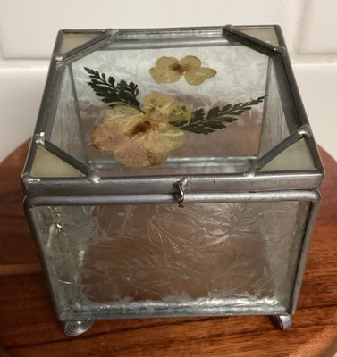 Pressed Dried Flowers Clear Beveled Stained Glass Footed Trinket Keepsake Box