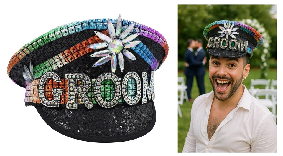 Chapéu noivo capitão militar orgulho gay arco-íris festival casamento solteiro - Imagem 3 de 4