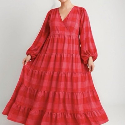 NY & Co Red Buffalo Check Tiered Maxi Dress XL Balloon Sleeve Cottagecore Boho