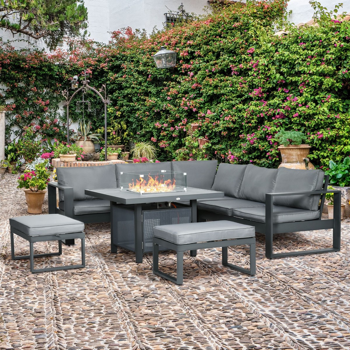 6pcs Outdoor Furniture Set, Garden Corner Sofa with Fire Pit Table
