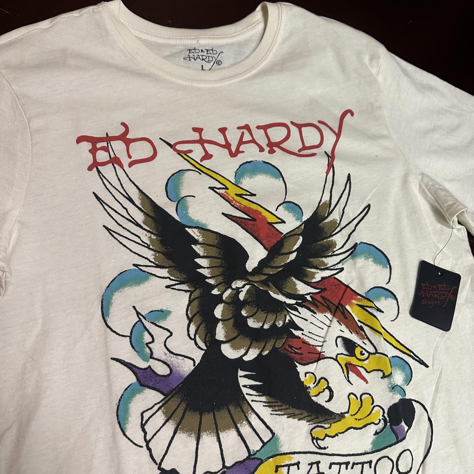 Ed Hardy men’s off-white, cream eagle graphic T-shirt, large thumbnail 3