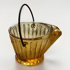 Vintage 2" Tall Miniature Amber Depression Glass Coal Bucket Ashtray w Handle