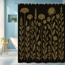 Rustic Floral Shower Curtain with Gold Design on Black Background