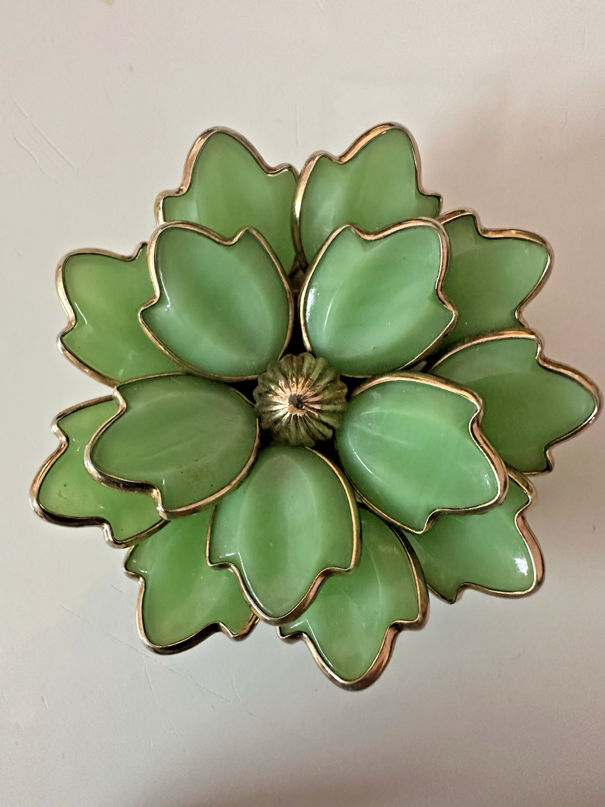 Crown Trifari Alfred Philippe Jade Poured Glass Two Petal Flower Pendant Brooch