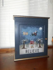 CHRISTMAS 2-Shelf Cupbd. DONNA ATKINS"BELIEVE"Folk Art Prim.SANTA/SALTBOX/SNOW