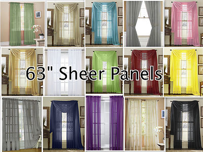 2-Piece Sheer Voile Window Treatment Curtain Short Panel 63'' Long Solid Colors 