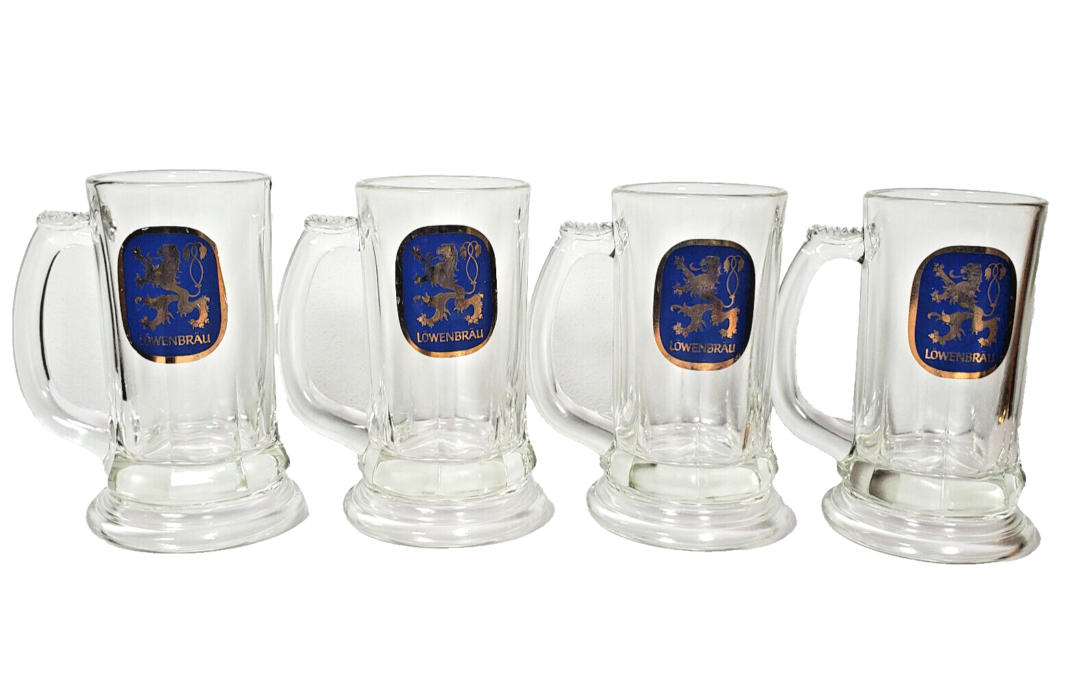 Lowenbrau Glass Beer Mug Stein Lot Set of 4 Vtg Blue Gold Logo Lion