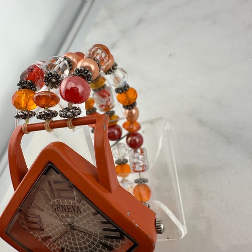 Geneva 5788 Orange Square face, Beaded Stretch Band women's Watch New Battery - Picture 4 of 15