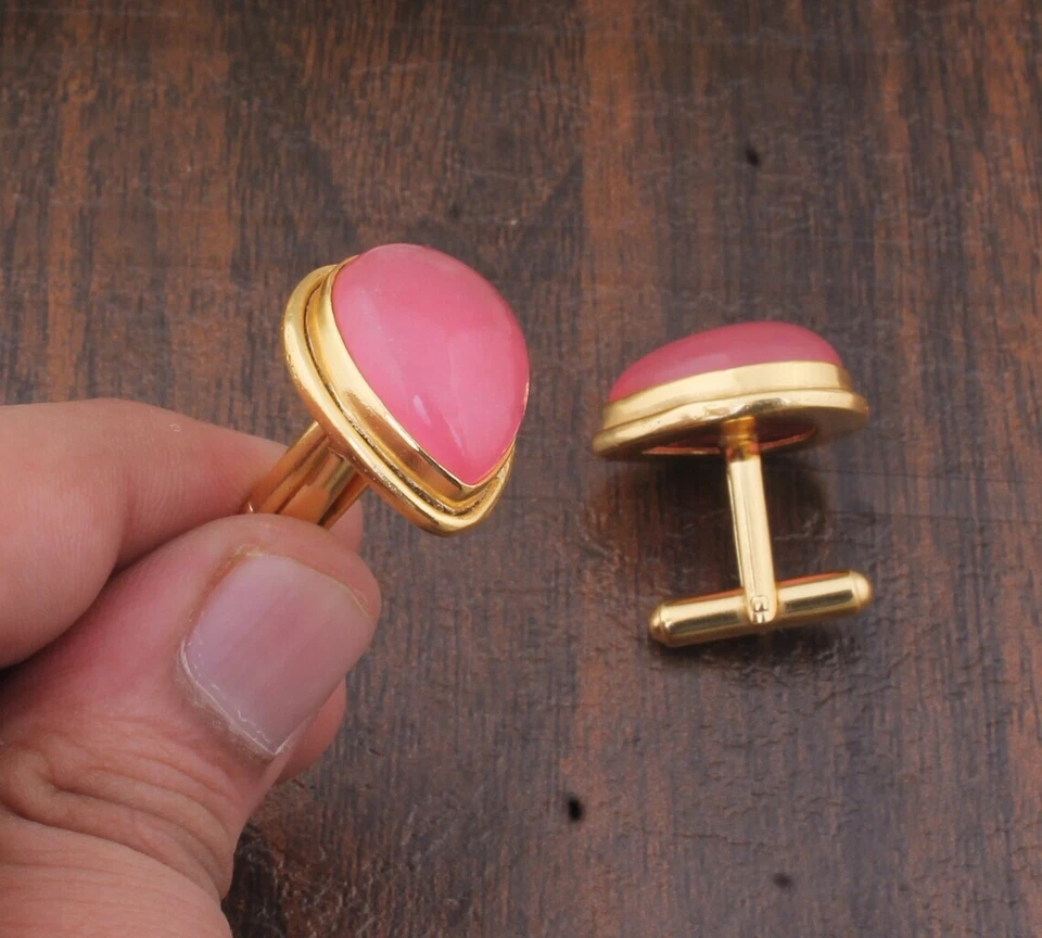 天然粉红色玉宝石 925 纯银袖扣男式特别礼物 — 第 3/4 张图片