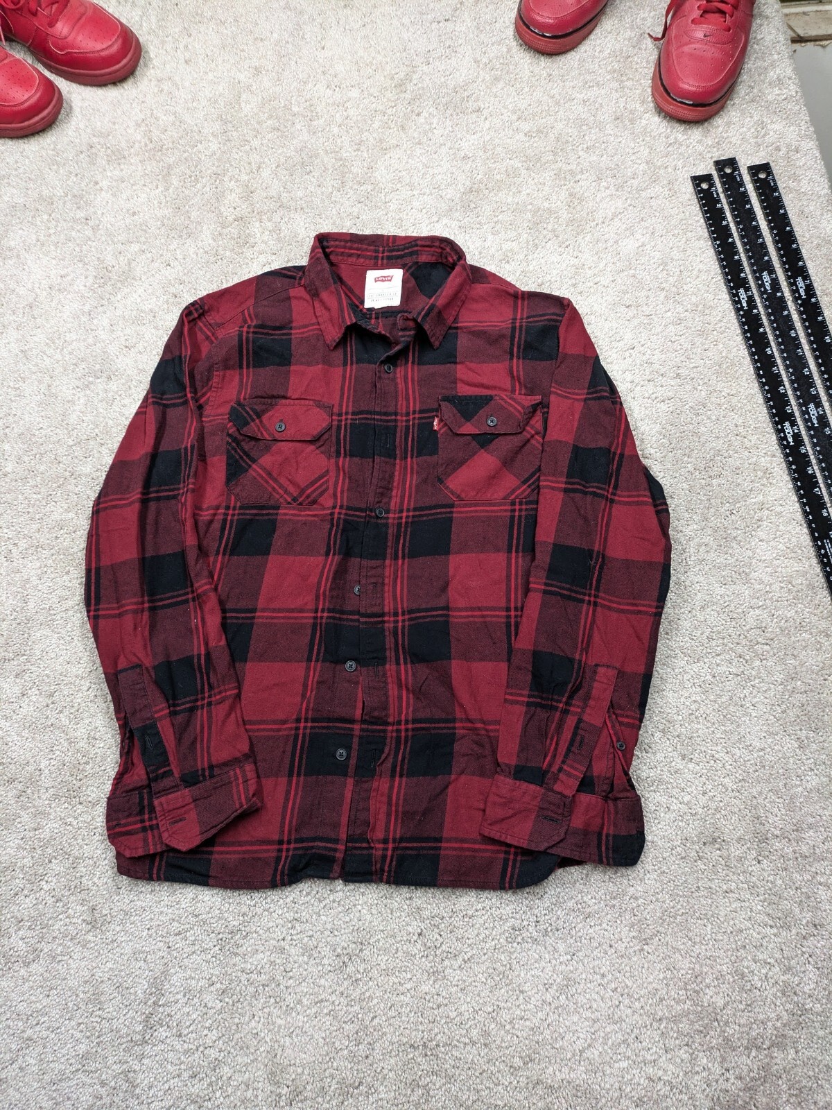Levis Flannel Shirt Mens Large Red Plaid Button Down Long Sleeve Buffalo Black-image