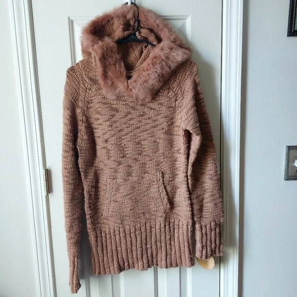 Bebe Brown Wool Sweater w Rabbit Fur Collar Trim Very Soft