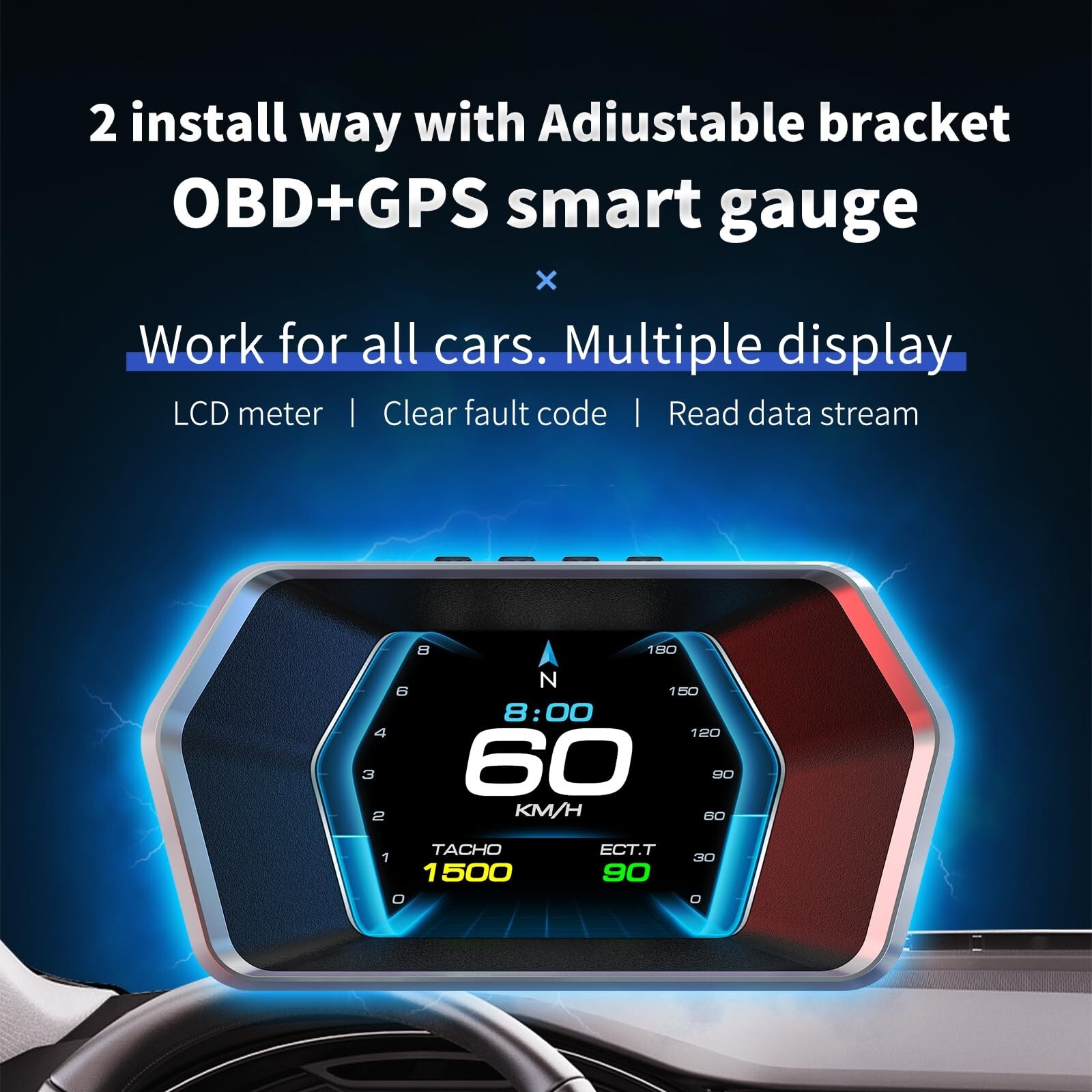 Heads up Display P17, Car Smart obd2 Gauge Display, GPS Speedometer with Vehi...