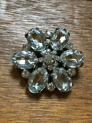 Estate Clear Faceted Oval Plastic Cabs & Tiny Round Rhinestones Silvertone FLOWE