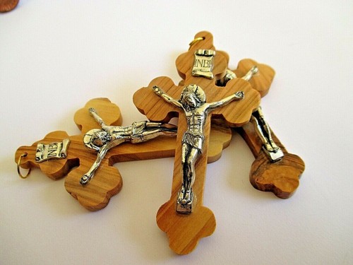 Collier Croix Chretienne Collier Croix En Bois D'olivier De Jérusalem - Cordon Réglable Marron - Boîte Kraft Offerte - Cadeau Baptême, Communion