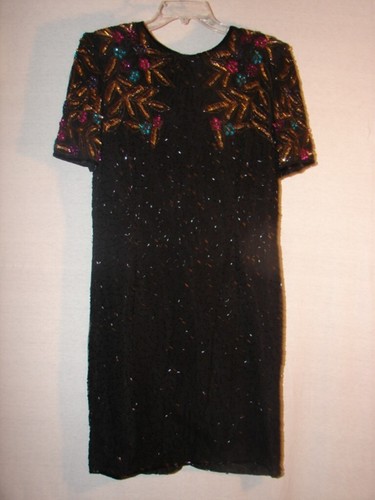 Vintage Stenay Beaded Sequence Black Dress 100% Silk Short Sleeve Size 14 - Picture 6 of 7