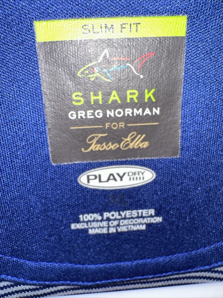 Polo de golf Shark Greg Norman para Tasso Elba XL ajustado azul gris a rayas - NOTA Foto 4 de 4