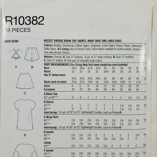 Simplicity Pattern R10382 Misses Retro Bikini Top Shorts Wrap Skirt Coat UNCUT - Picture 4 of 6