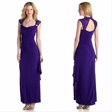 New R M RICHARDS Size 12 Jeweled Lace-Shoulder Ruffled Open-Back Dress Purple
