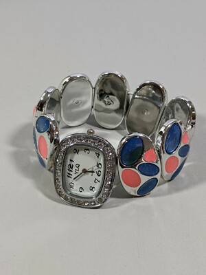 YLQ Silver Tone Blue Pink Enamel Inlay Acrylic Stretch Band Watch 