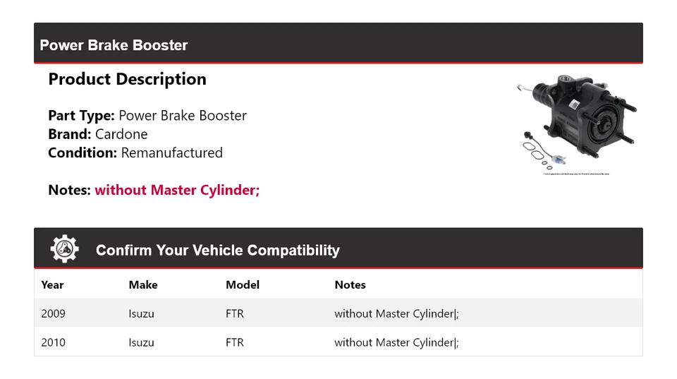 Para Isuzu FTR 2009-2010 Power Brake Booster Cardone Foto 2 de 3