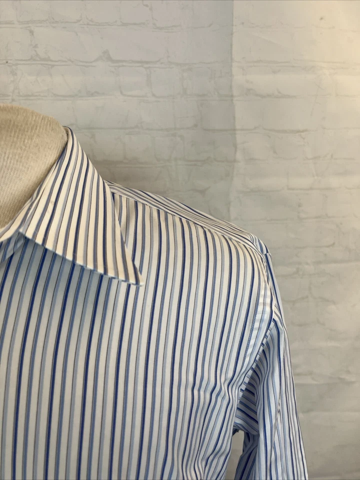 Camisa de vestir de algodón a rayas blancas y azules Paul Fredrick para hombre 16-35 $128 Foto 2 de 4