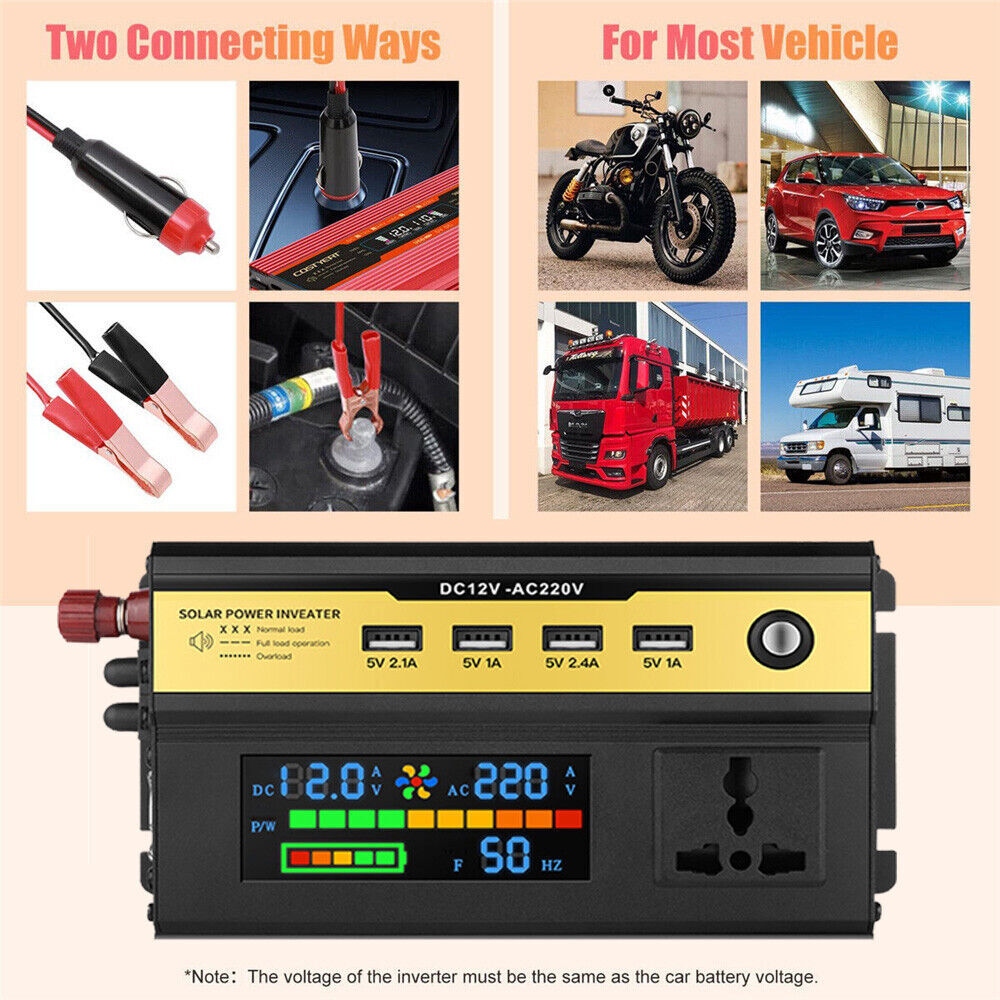 1200W Car Power Inverter Converter DC 12V to AC 240V 4 USB 2 UK Socket