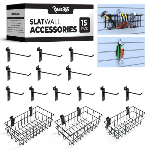 15 Pack Slatwall Accessories Kit, Multi-Sized Baskets, Slat Wall
