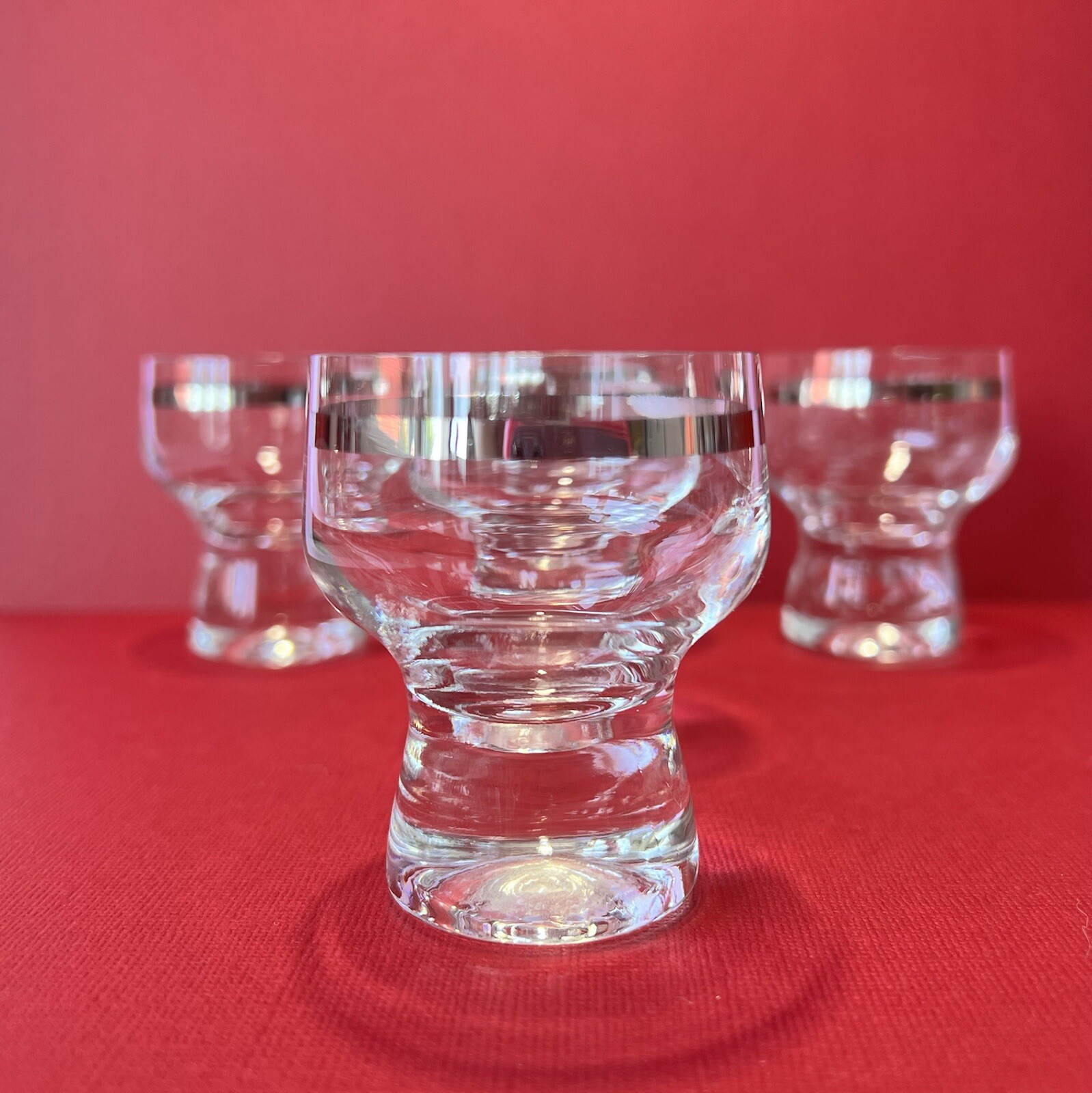 5 Small crown Corning bubble stem glasses with silver trim 50 Ml
