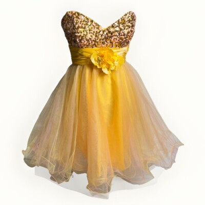 CHICAS Damas Dress Sz SM Yellow Gold Pink Tulle Sequins Strapless Sweetheart NEW