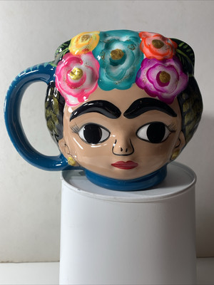 Frida Kahlo Mexican Artist Hand Painted Clay Mug Handled Cup Gorgeous RARE Gift