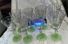 Set 8 Vintage Depression Glass Clear Water Goblets Stems Green Uranium Base