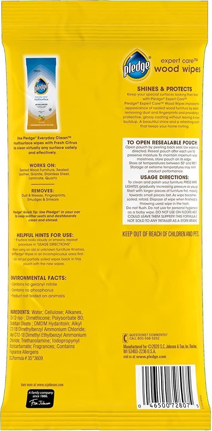 Pledge Expert Care Wood Wipes, Shines and Protects, Removes Fingerprints, Lemon