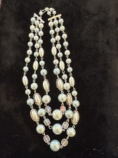 Vintage Japan 3 Strand Blue Faux Pearl Plastic Bead Necklace Gold Tone