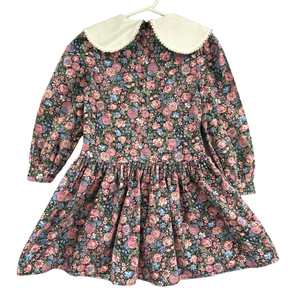 VTG Floral Dress Puff Sleeve Drop Waist Girls Size 5 Pink Blue Lace Cottagecore - Image 2 of 4