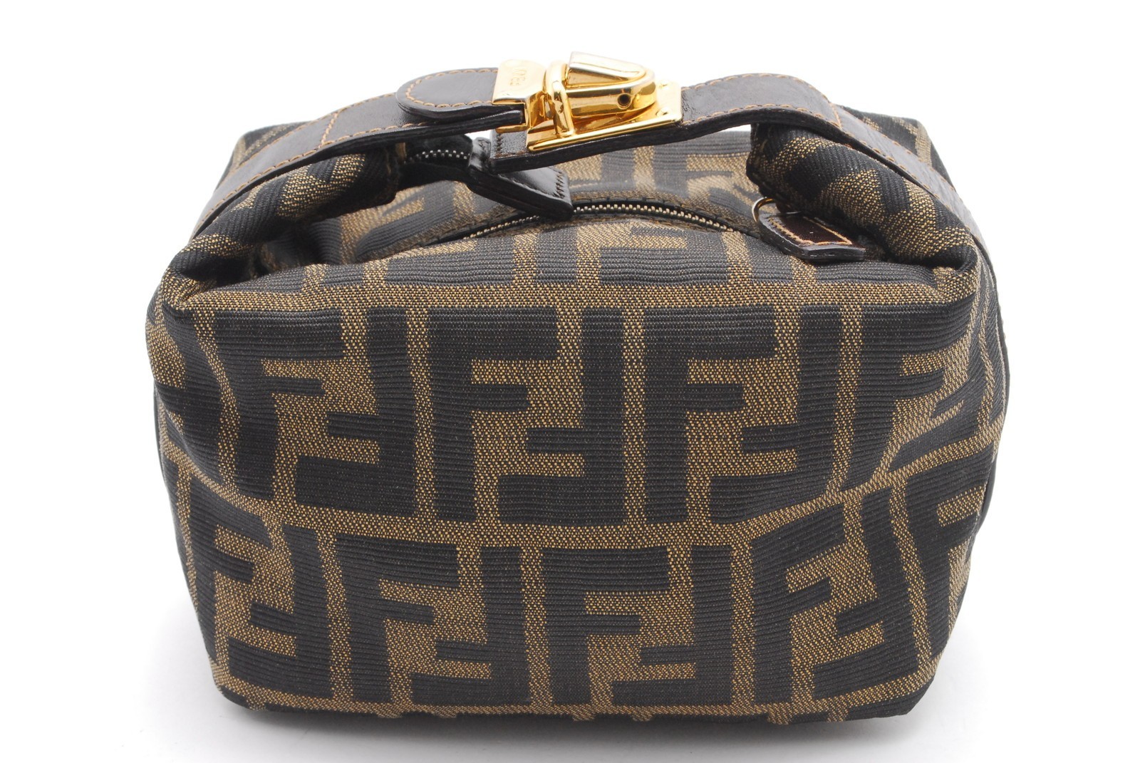 FENDI Zucca Small Vanity Pouch Purse FF Canvas Brown Authentic Handbag