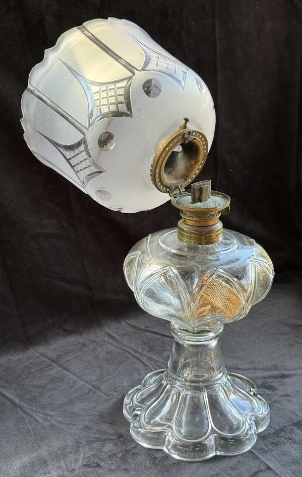 Antigua lámpara de pie de queroseno 1867, quemador de galería dúplex con bisagras, todo original Foto 3 de 4