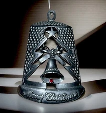 MERRY CHRISTMAS Ornament  - Sewing Thimble With Gem Signed Nicholas Gish Pewter