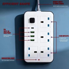 Extension Lead with 4 USB Cable Electric Plug Socket UK Mains Power 4 Gang Way