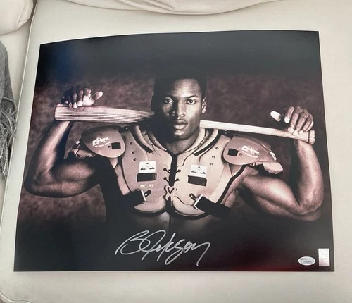 Bo Jackson Signed 16x20 Photo”Bo Knows” Shoulder Pads, Bat. JSA. NEW HOF