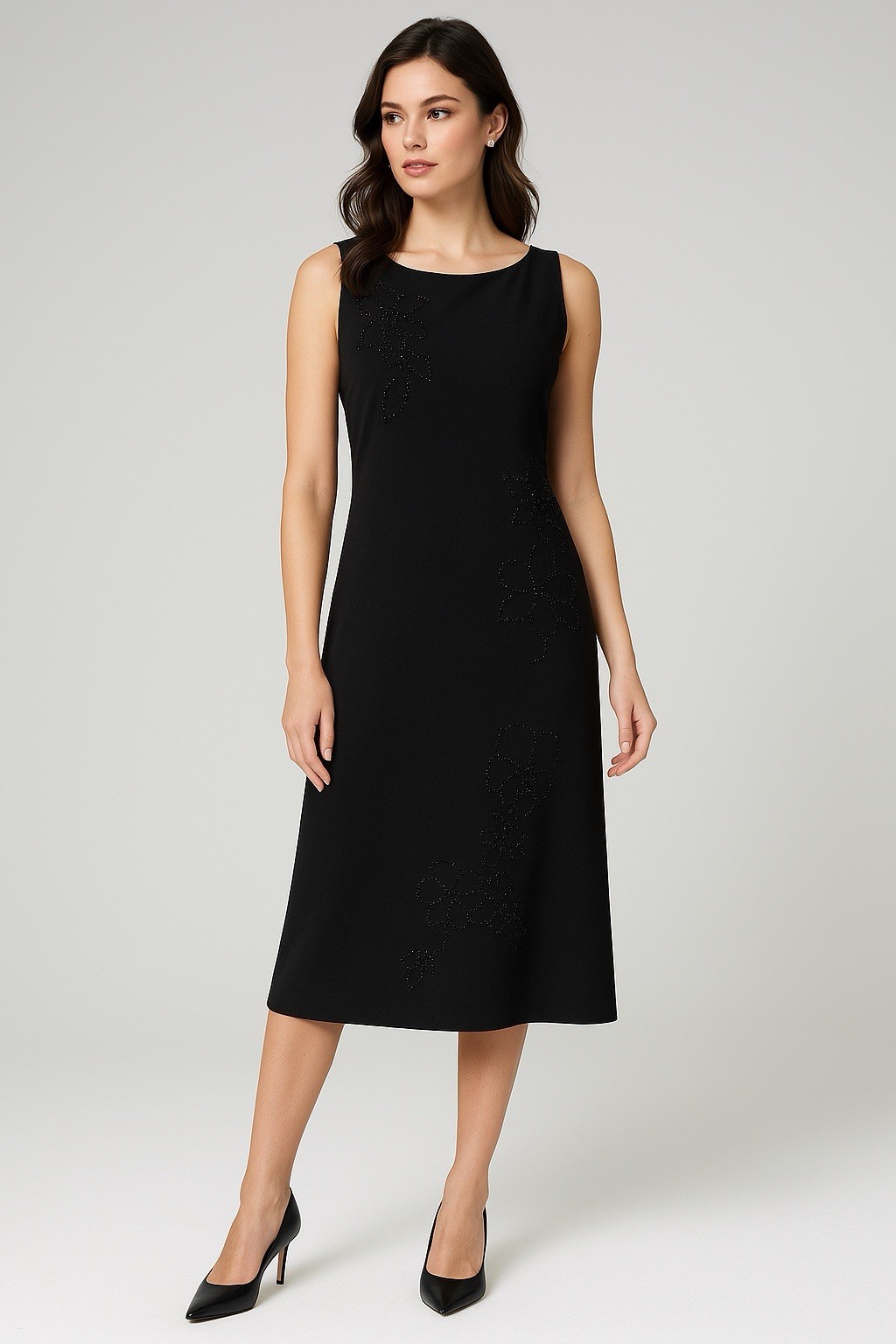 Jones Wear Black Beaded Floral Midi Dress Women’s 14 Sleeveless Elegant Y2K 90s