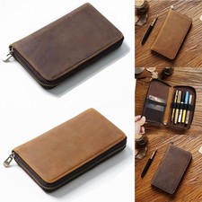 Vintage Real Leather Pen Pouch Zipper Pencil Case Stationery Storage Pen Bag