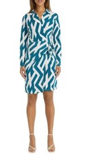 Donna Morgan Womens Teal Cream Striped Long Sleeve Wrap Shirt Dress Sz 10 New
