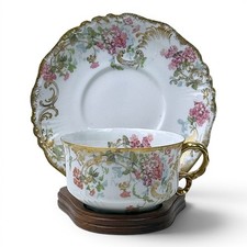 Antique J.Pouyat Limoges Tea Cup Saucer Set Hand Painted Pink Floral France 1900