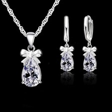 925 Sterling Silver Jewelry Set White CZ Pendant Necklace Dangle Earrings Gift