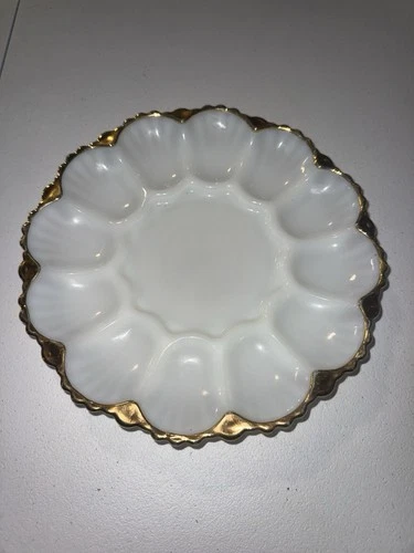 Vintage Gold Edge White Milk Glass Oyster Deviled Egg Plate Anchor Hocking 10”
