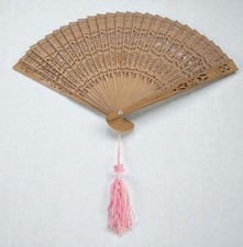 Wooden Hand Folding Fan Intricate Carved Openwork Design Pink Tassel 13 Inch