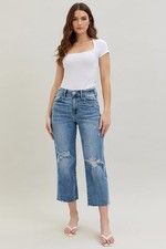 Judy Blue High Waist Distressed Crop 32 Wide Leg Jeans Medium Wash Stretch