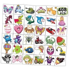 408 PCS Individually Wrapped Temporary Tattoos for Kids - Mixed Tattoos for