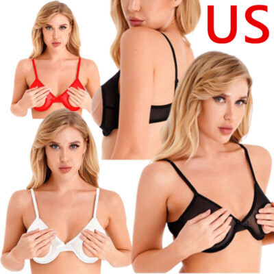 US Sexy Womens See Through Mesh Open Cup Balconette Bralette Hollow Out Bra Tops